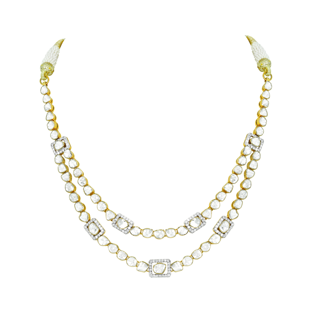 Double-Layer Polki Necklace with Round and Square Motifs